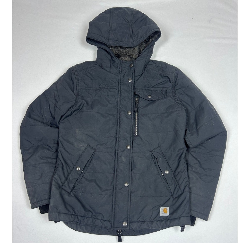 Carhartt S146 Womens Black Hooded Quilted Jacket Sherpa Lined Hood, Size S
